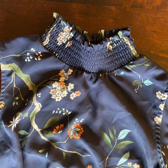 Nanette Lenore Floral Navy Shirred Waist Mock Neck Keyhole Button Tiered Dress - Picture 6 of 10